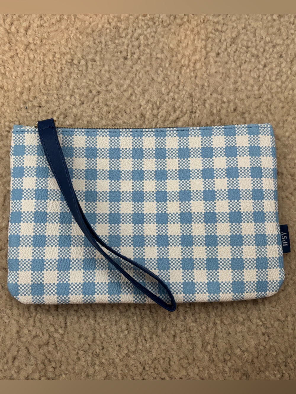 ipsy Blue and White Gingham Cosmetic Pouch with Navy Wristlet